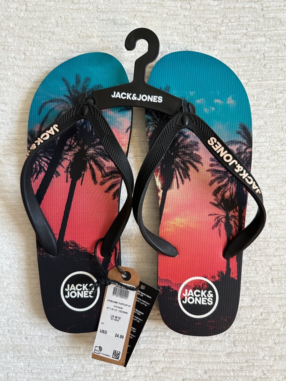 Jack & Jones Sunset Palm Flip Flops - Pink, Teal, Black NWT